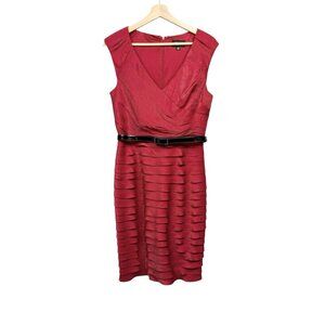 Adrianna Papell Sleeveless Red Tiered V-neck Sheath Dress Belted Size 10
